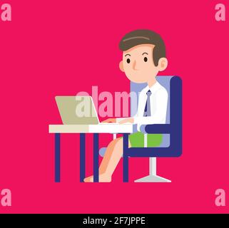 Travailler à domicile. Un homme d'affaires reste à la maison et travaille avec son ordinateur portable sur le lieu de travail - personnage vectoriel Illustration de Vecteur