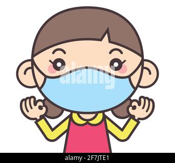 Dessin animé mignon petite fille porter un masque pour protéger contre le virus et la maladie. Masque chirurgical de protection pour enfant de retour à l'école Illustration de Vecteur