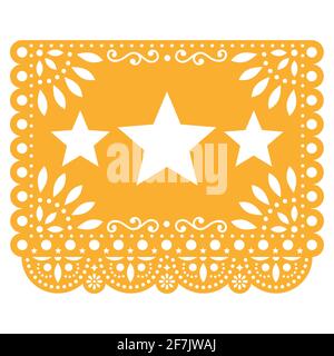 Dessin vectoriel Papel Picado avec trois étoiles en jaune, décoration en papier mexicain avec fleurs et formes géométriques Illustration de Vecteur