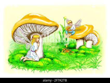 Elves nature êtres pieds nus regardant la forêt cachée derrière les champignons dans l'amour plucking fleurs jardin jardinage dans l'amour d'abord mignon beau doux Banque D'Images