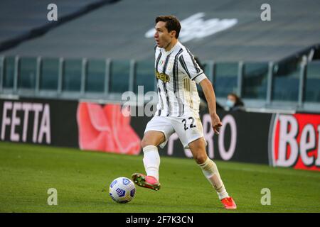 Naples, Piémont, Italie. 7 avril 2021. Lors du match de football italien Serie A FC Juventus contre SSC Napoli le 7 avril 2021 au stade Allianz à Turin.in photo: Federico Chiesa crédit: Fabio Sasso/ZUMA Wire/Alay Live News Banque D'Images