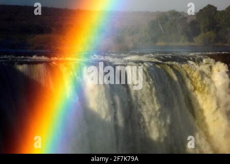 Arc-en-ciel au-dessus des chutes Victoria, cascade en Afrique australe sur la rivière Zambèze à la frontière entre la Zambie et le Zimbabwe. Paysage en Afrique. Beaucoup Banque D'Images