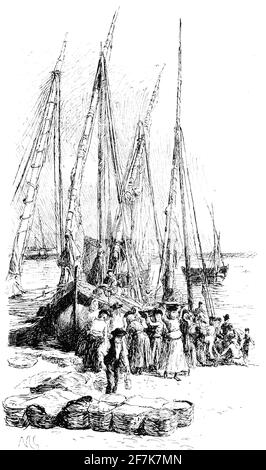 Les pêcheurs retournent sur les rives du Tajo avec leurs bateaux pour décharger leurs prises, les femmes prennent des paniers à remplir, Lisbonne, Portugal, Europe Banque D'Images