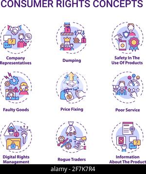 Jeu d'icônes de concept de droits du consommateur Illustration de Vecteur
