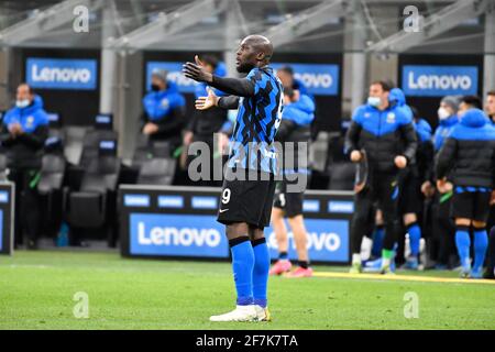 Milan, Italie. 07e avril 2021. Romelu Lukaku (9) de l'Inter Milan vu dans la série UN match entre l'Inter Milan et Sassuolo à Giuseppe Meazza à Milan. (Crédit photo : Gonzales photo/Alamy Live News Banque D'Images