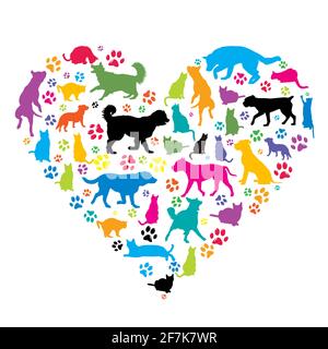 J'aime le concept des animaux de compagnie avec des silhouettes de chiens et de chats en forme de coeur Illustration de Vecteur