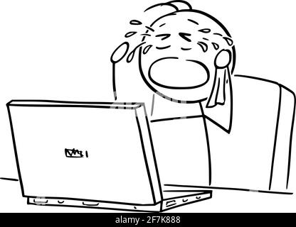 Homme ou homme d'affaires qui pleure lorsqu'il travaille sur un ordinateur au bureau, Illustration de la figure du bâton de dessin vectoriel Illustration de Vecteur