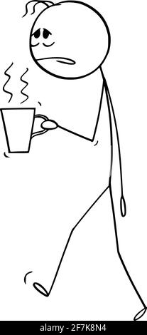 Homme fatigué ou surtravaillé ou travailleur de bureau avec une tasse de café ou de thé, Illustration de la figure du bâton de dessin animé Illustration de Vecteur