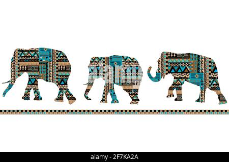 Ensemble de motifs ethniques représentant des éléphants ornés Illustration de Vecteur