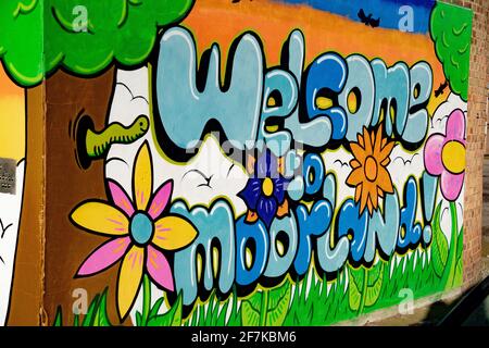 Moorland Lincoln, bienvenue à Moorland, Round Shops, centre d'équipements locaux, Graffiti, Mur, Banksy, peinture en aérosol, espace public, coloré, satirique, tag Banque D'Images