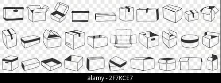 Ensemble de doodle de boîtes ouvertes et fermées. Collection de colis dessinés à la main de différentes formes ouvertes et fermées pour la livraison et le transport de commandes isolées sur fond transparent Illustration de Vecteur