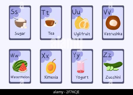 Lettre S, T, U, V, W, alphabet coloré X, y, Z - sucre, thé, ugli, vatrushka, pastèque, ximenia, yogourt, courgettes. Illustration de Vecteur