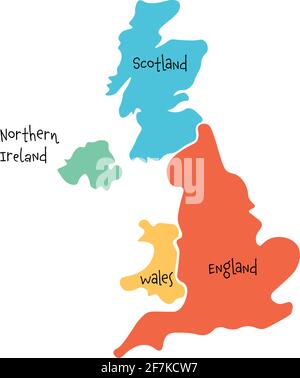 Royaume-Uni, alias Royaume-Uni, de Grande-Bretagne et d'Irlande du Nord carte vierge dessinée à la main. Divisé en quatre pays : l'Angleterre, le pays de Galles, l'Écosse et le ni Illustration de Vecteur