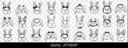 Jeu de doodle expressions visages lapin. Collection de dessin à la main diverses expressions positives et négatives des animaux de lapin fait face à des muzzles isolées sur fond transparent Illustration de Vecteur