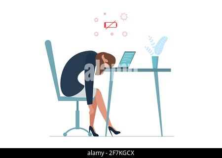 Femme d'affaires syndrome professionnel de l'épuisement professionnel.Une femme de direction fatiguée, malade et fatiguée, assise avec la tête sur un ordinateur portable.Triste femme ennuyeuse.Problèmes de santé mentale des travailleurs frustrés.Illustration de travail long Illustration de Vecteur