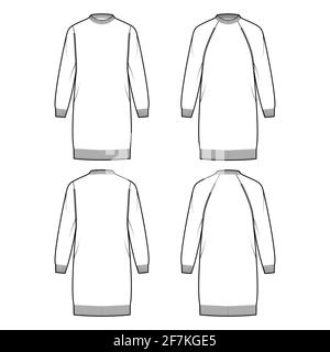 Ensemble de robes côtelées chandails de pêcheur illustration technique de la mode avec col ras du cou, manches longues raglan, grand, longueur genou, bordure. Vêtements plats à l'avant, à l'arrière, de couleur grise blanche. Maquette CAD pour femmes et hommes Illustration de Vecteur