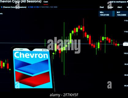 8 avril 2021, Ukraine: Sur cette photo, le logo Chevron Corporation est affiché sur un smartphone avec les informations boursières de Chevron Corporation en arrière-plan. (Image de crédit : © Igor Golovniov/SOPA Images via ZUMA Wire) Banque D'Images