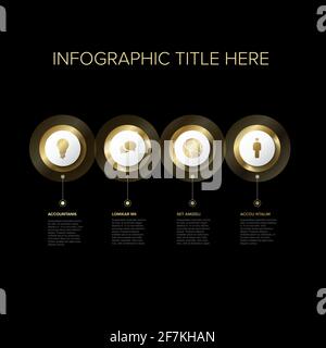 Modèle d'infographique vectoriel multi-usage avec quatre options d'éléments - version dorée Premium sur fond sombre. Quatre modèles d'infographies dorés avec Illustration de Vecteur