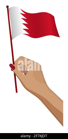 La main femelle tient doucement le petit drapeau de Bahreïn. Élément de design des fêtes. Vecteur de dessin animé sur fond blanc Illustration de Vecteur
