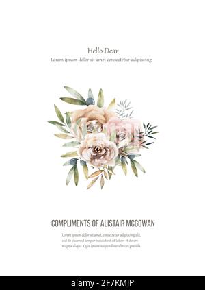Ensemble brun couronne avec fleurs et feuilles. Bouquet d'aquarelle pour les cartes de vœux, d'invitation et de mariage. Arrière-plan blanc clipart isolé Banque D'Images