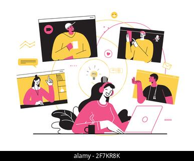 Illustration vectorielle, travail à domicile en ligne, espace créatif, auto-isolation. Freelance travaille et organise une vidéo conférence avec des collegges de la maison Illustration de Vecteur