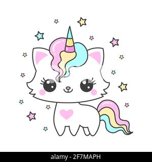 Adorable dessin animé chat licorne et étoiles. Design pour enfants. Vecteur Illustration de Vecteur