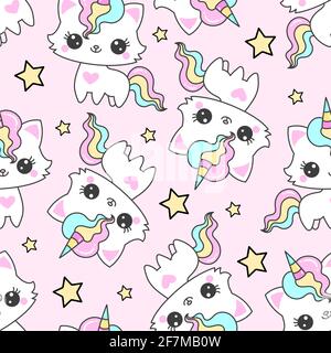 Motif sans couture avec licorne de chat et étoiles sur fond rose. Vecteur Illustration de Vecteur