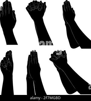 Ensemble de différentes silhouettes de mains de prière isolées sur blanc Illustration de Vecteur