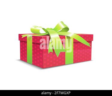 La boîte cadeau rouge avec un ruban vert, un noeud et des étoiles sur les côtés de la boîte. La boîte cadeau est isolée sur un fond blanc. Illustration de Vecteur