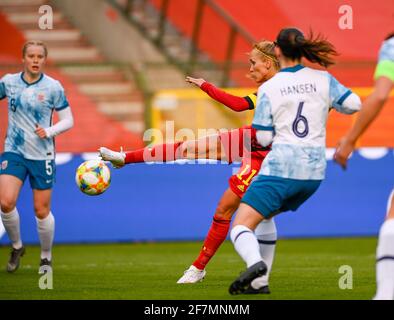 Janice Cayman de Belgique photographié en action lors d'un match de football amical entre l'équipe nationale belge les flammes rouges et la Norvège, jeudi 08 avril Banque D'Images