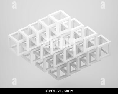 Structure cubique tridimensionnelle abstraite sur fond gris clair, vue isométrique, illustration de rendu 3d Banque D'Images