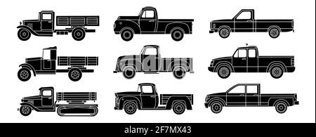 Ensemble de simples icônes noires de camions vintage. Clipart vectoriel Illustration de Vecteur