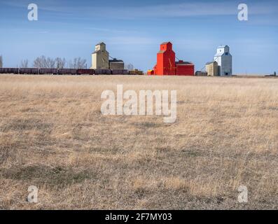 Silos à grains et train dans la prairie près de Mossleigh, Alberta, Canada Banque D'Images