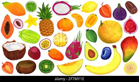 Set d'aquarelle aux fruits Tropiques. Cuisine thaïlandaise douce exotique isolée sur fond blanc Banque D'Images