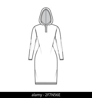 Robe à capuche chandail technique de mode avec col boutonné côtelé, manches longues, coupe cintrée, longueur genou, bordure côtelée en tricot. Pull sans pinces à l'avant, style blanc. Femmes, hommes unisex CAD maquette Illustration de Vecteur