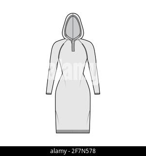 Robe à capuche chandail technique de mode avec col boutonné côtelé, manches longues raglan, coupe près du genou, bordure côtelée en tricot. Vêtements plats sur le devant, style gris. Femmes, hommes unisex CAD maquette Illustration de Vecteur