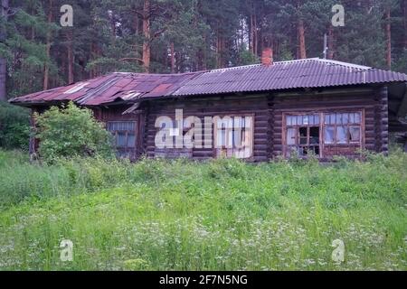 Maison en bois en rondins en ruine abandonnée solitaire vieille et dépassée, surcultivée avec de l'herbe dense et des buissons dans la forêt. Banque D'Images