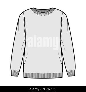 Sweat-shirt technique de mode avec col ras du cou côtelé, manches longues, large, longueur cuisse, bordure en tricot. Pull-over plat sur le devant, style gris. Femmes, hommes unisex CAD maquette Illustration de Vecteur