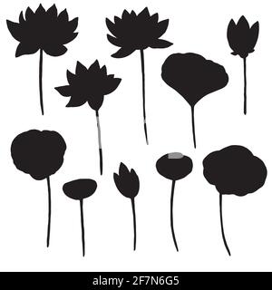 Ensemble de silhouettes de fleurs de lotus, de feuilles et de bourgeons. Illustration en noir et blanc. Illustration de Vecteur