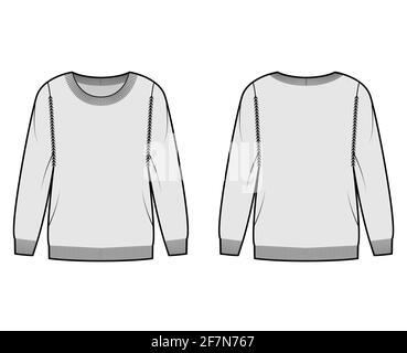 Sweat-shirt technique de mode avec col rond, manches longues, coupe classique, longueur du bout des doigts, bordures côtelées. Pull sans pinces à l'avant et à l'arrière, de couleur grise. Femmes, hommes unisex CAD maquette Illustration de Vecteur