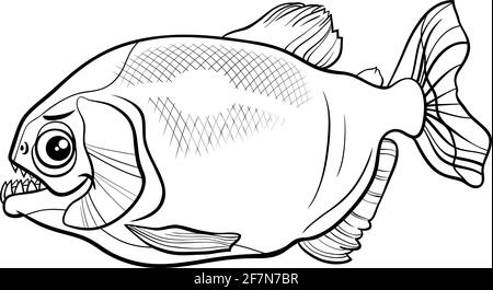 Dessin animé noir et blanc de caractère animal de poisson de piranha page de livre de coloriage Illustration de Vecteur