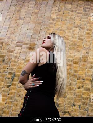 Femme blonde dans une robe noire posant sur un fond texturé doré. Concept artistique à la mode. Banque D'Images