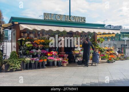 Un client navigue sur des fleurs à l'îlot fleuriste de l'île de abaisse, à l'extérieur du centre commercial Westfield de Shepherds Bush, Londres, Royaume-Uni. Banque D'Images