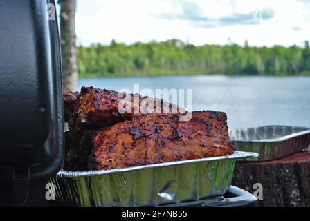 De délicieuses côtes sur le grill à côté d'un lac Banque D'Images