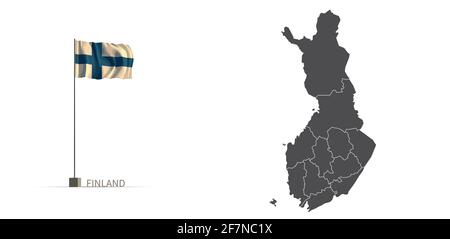 Carte de la Finlande. Carte grise du pays et vecteur d'illustration 3d du drapeau. Illustration de Vecteur