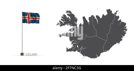 Carte de l'Islande. Carte grise du pays et vecteur d'illustration 3d du drapeau. Illustration de Vecteur