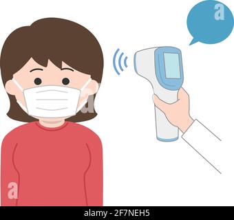 La température d'une femme portant un masque est vérifiée à l'aide d'un thermomètre sans contact pour coronavirus. Illustration de Vecteur