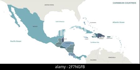 Carte des pays des Caraïbes. Vecteur de la carte du monde par continent Illustration de Vecteur