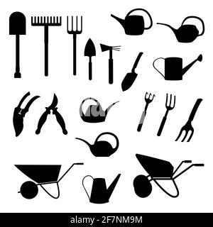 Un ensemble de silhouettes d'outils de jardin. Vecteur isolé sur fond blanc. Illustration de Vecteur