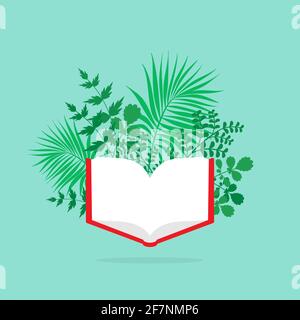 livre ouvert rouge avec branches, brindilles et feuilles. Icône plate isolée sur fond bleu. Illustration vectorielle. Idée fraîche, concept d'étude d'été. Inspiration Illustration de Vecteur